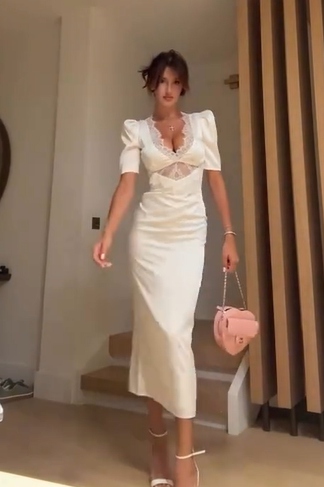 Sexy Lace V-neck Stitching Solid Color Slim Dress