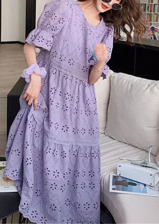 Fashion Purple Embroidered Hollow Out Patchwork Cotton Dress Puff Sleeve