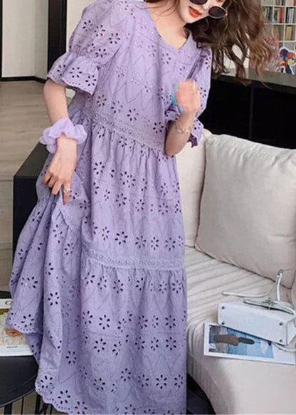 Fashion Purple Embroidered Hollow Out Patchwork Cotton Dress Puff Sleeve