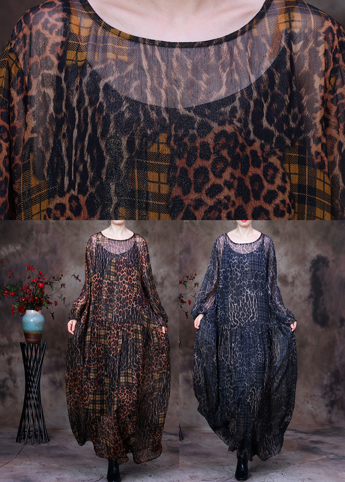 Organic Coffee O-Neck Print Maxi Dress And Suspenders Two Pieces Set Fall