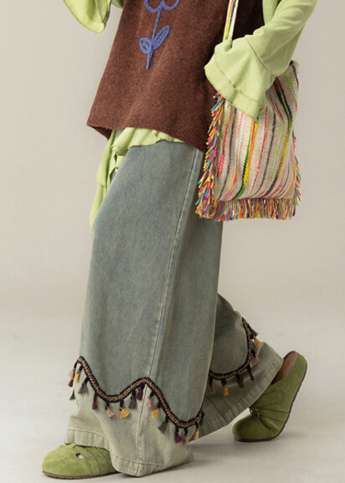 Vintage Blue Tasseled High Waist Patchwork Denim Wide Leg Pants Fall