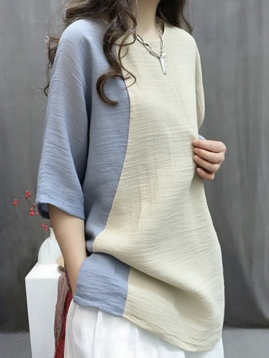 Handmade Gray apricot O-Neck Print Button Top Summer