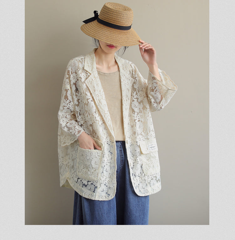 Loose Lace Embroidered Suit Collar Casual Slim Coat