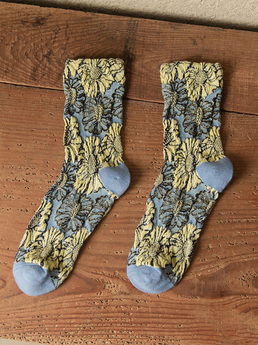 5 Pairs Cotton Vintage Floral Women Socks