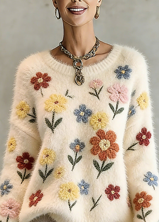 Natural Beige O-Neck Embroidered Cotton Knit Sweater Tops Spring