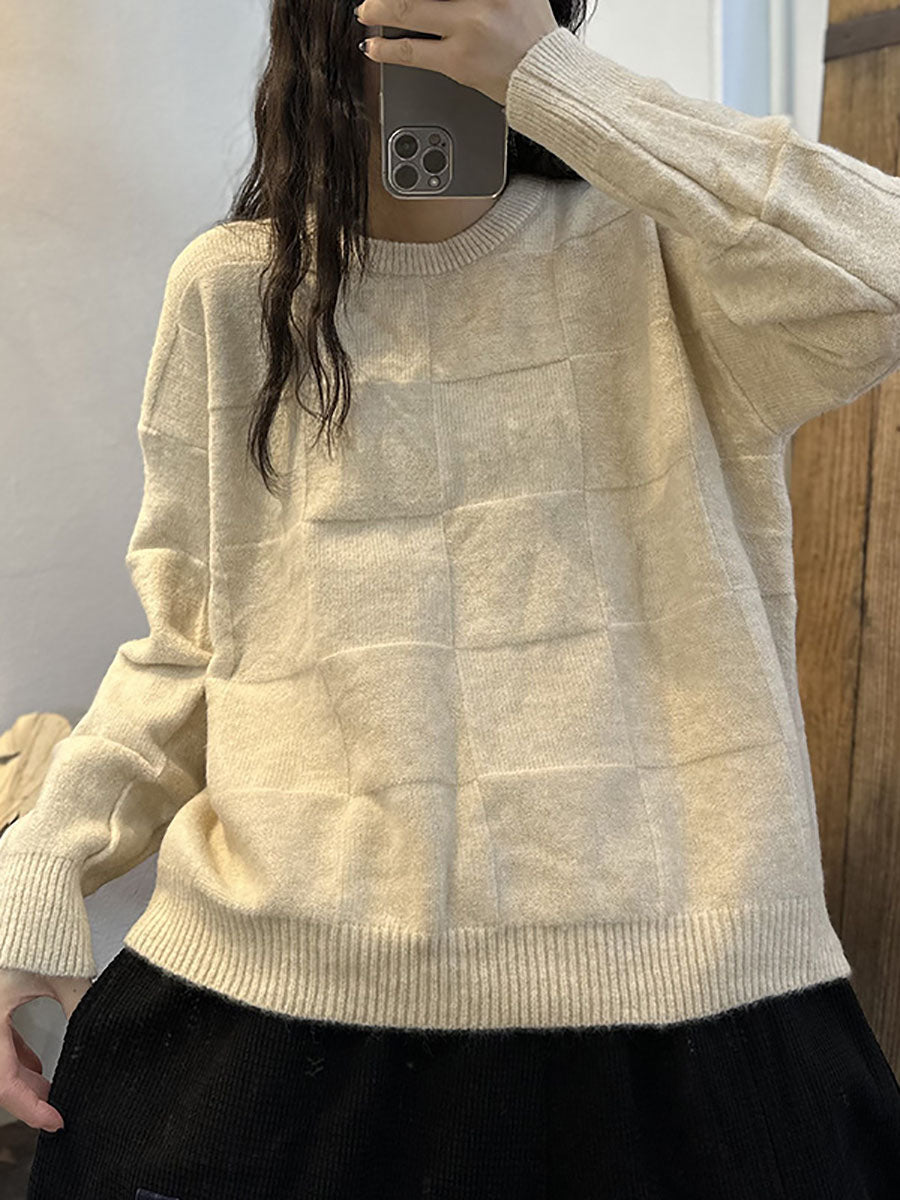 Women Winter Artsy Plaid Knitted Solid Warm Sweater