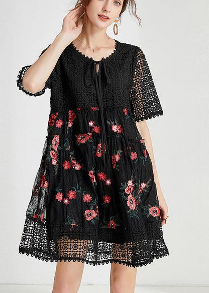 Women Black Embroidery Lace Bow Summer Dress