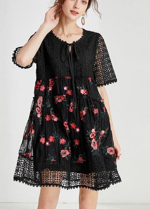 Women Black Embroidery Lace Bow Summer Dress
