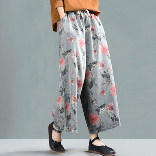 Floral Cropped Wide Leg Denim Pants