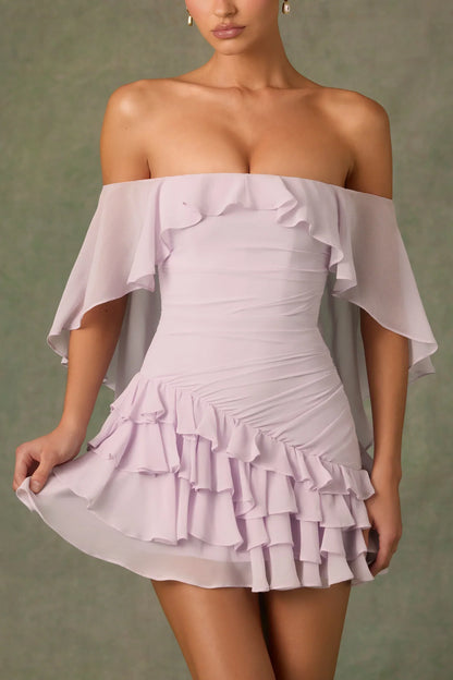Off-Shoulder Ruffled Mini Dress In Lilac