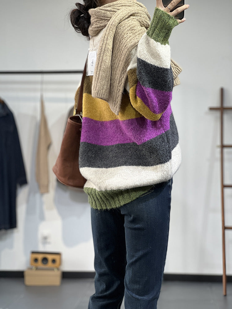 Rainbow Striped Knit Insulated Crewneck Sweater