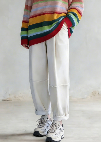 Plus Size Rainbow Striped O-Neck Knit Sweaters And White Pants Two Pieces Set Spring