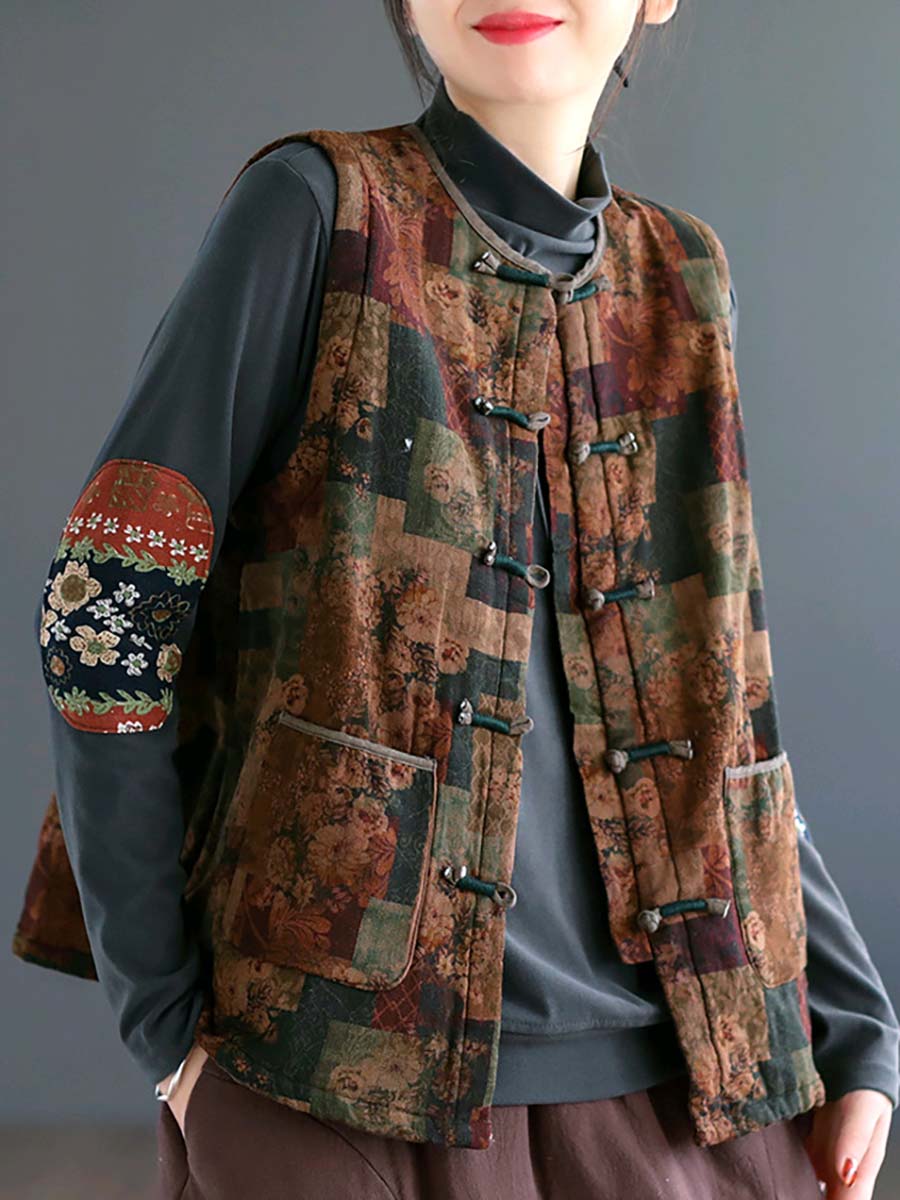 Women Artsy Ethni Floral Print Frog Waistcoat