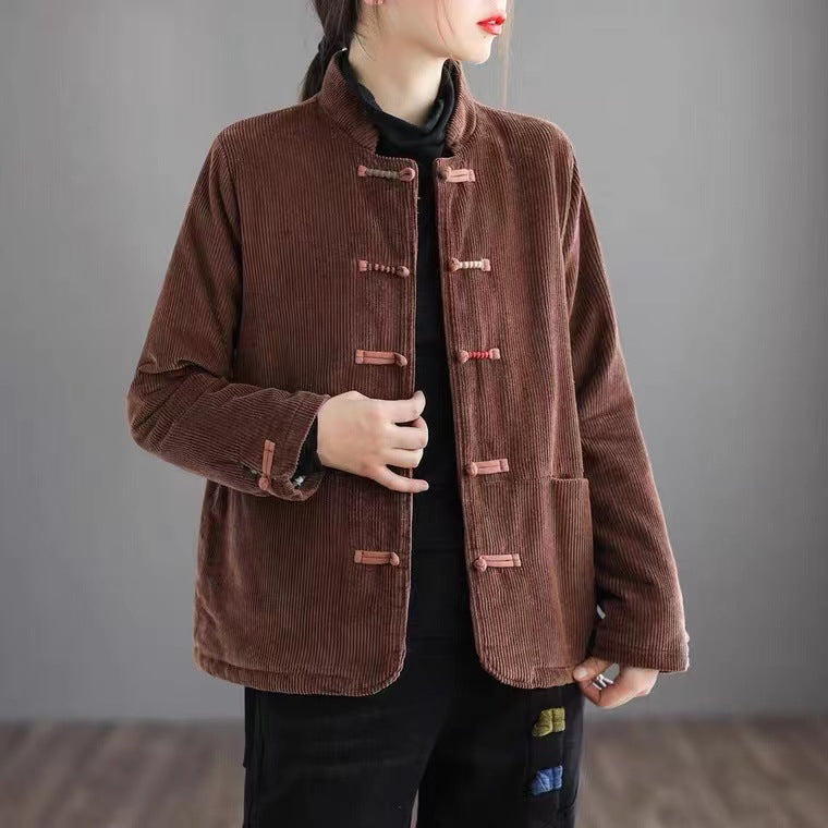 Stand Collar Corduroy Buckle Solid Stripe Thermal Jacket