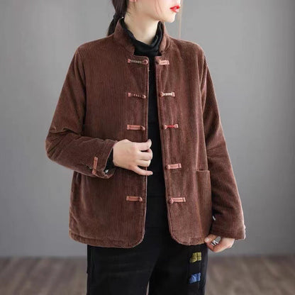 Stand Collar Corduroy Buckle Solid Stripe Thermal Jacket