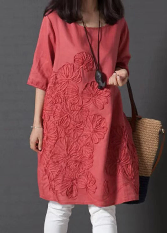 DIY Red Embroidered Linen Day Dress Half Sleeve