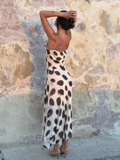Draped Cowl Neck Polka Dot Print Slit Chiffon Slip Dress
