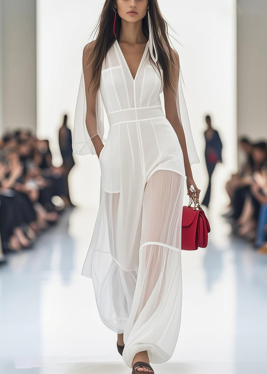 Stylish White V Neck Patchwork Tulle Silm Fit Jumpsuits Summer