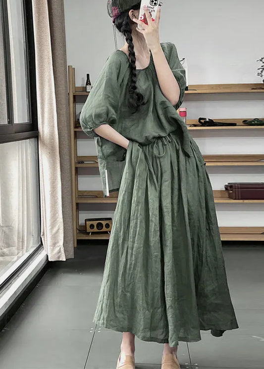 Plus Size Green O-Neck Top And A Line Skirts Two Pieces Set Summer