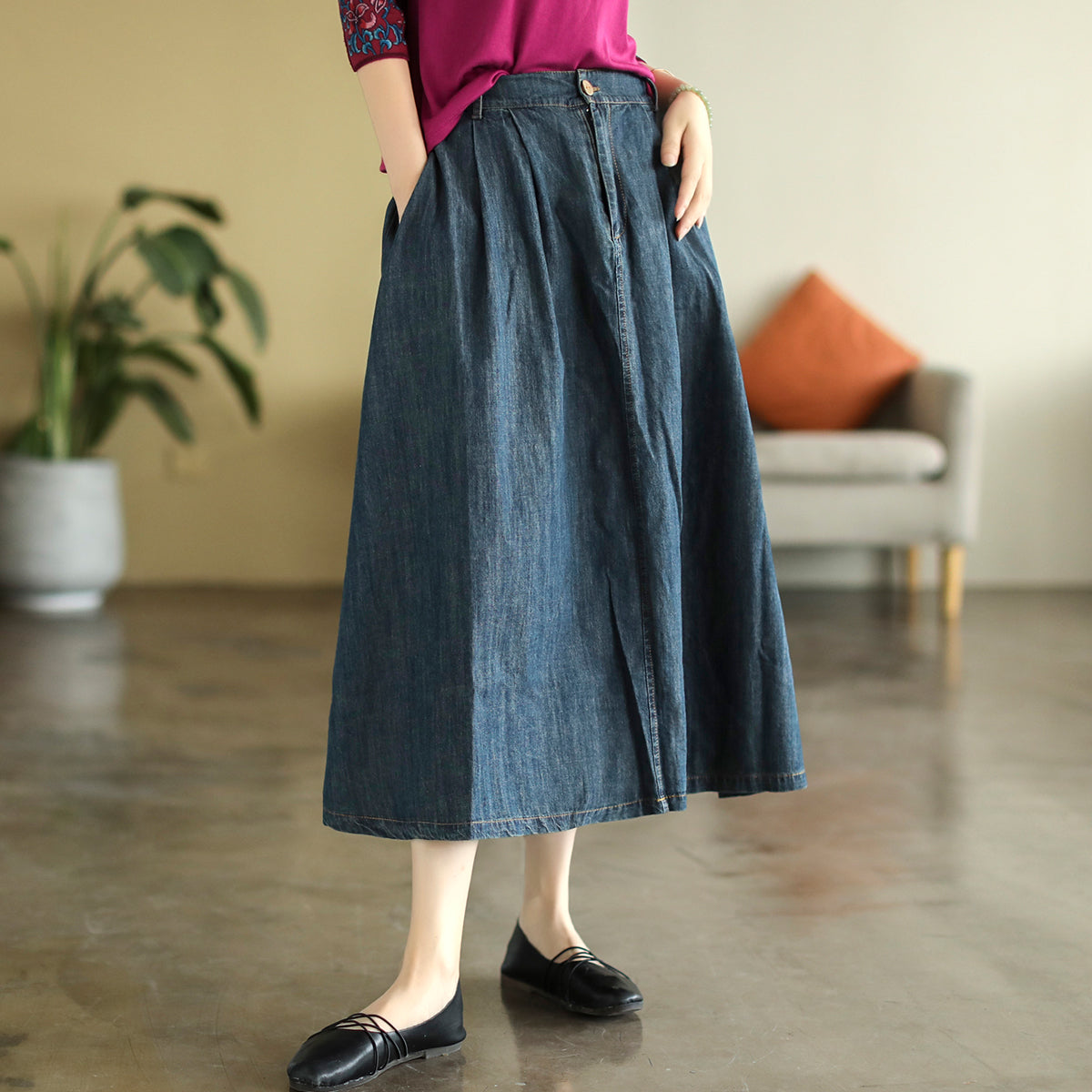 Cozy Cotton Denim Retro A-Line High Waist Skirt