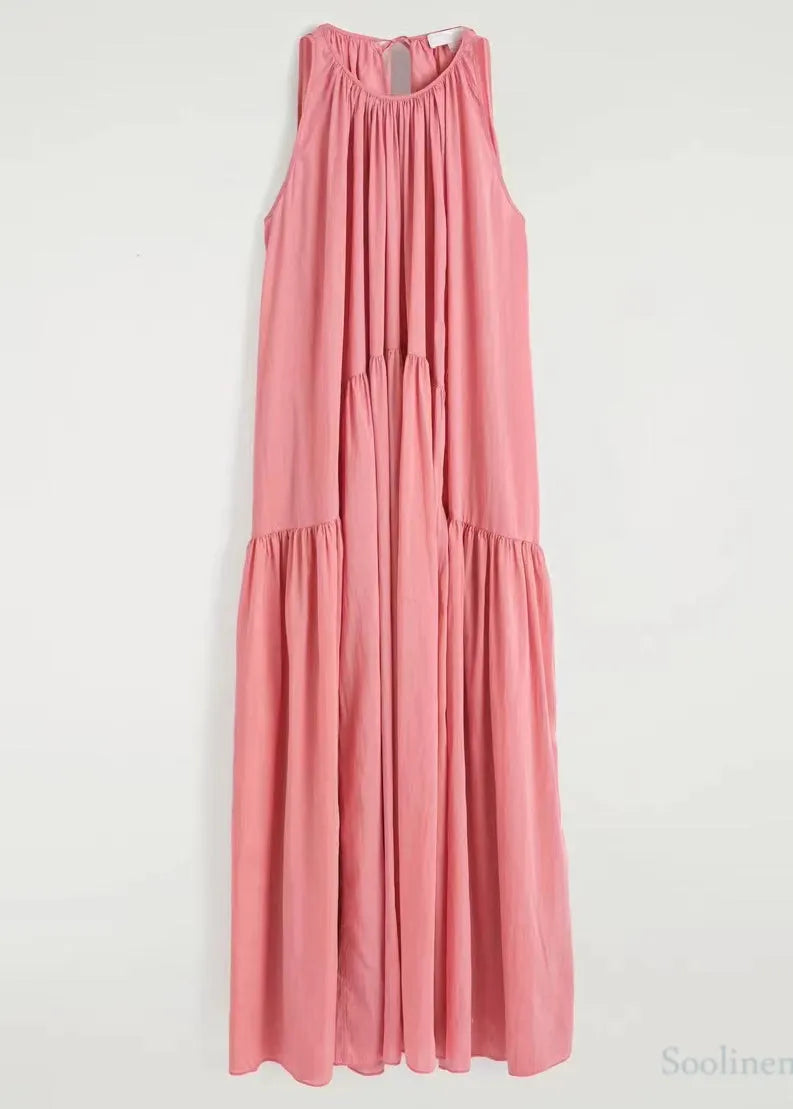 Chic Pink Cold Shoulder Wrinkled Cotton Sundresses Summer