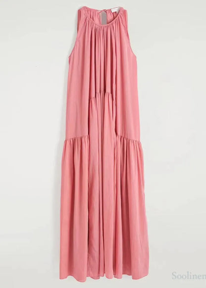 Chic Pink Cold Shoulder Wrinkled Cotton Sundresses Summer