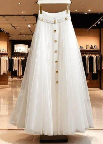 Chic White High Waist Wrinkled Patchwork Tulle Skirt Fall
