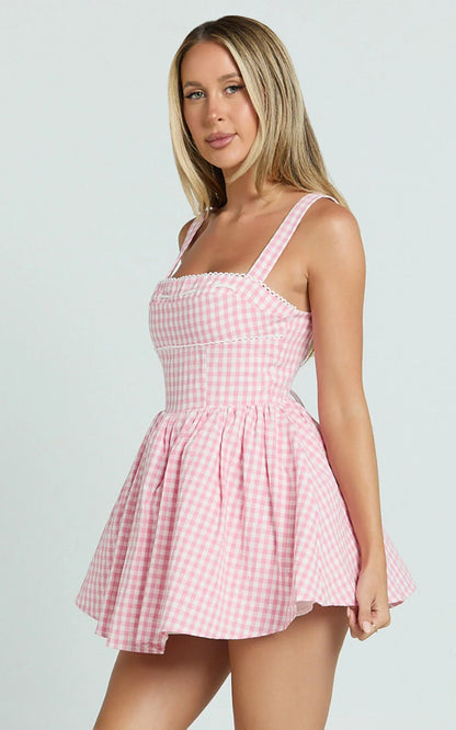 Caitlin Mini Dress - Gingham Square Neck Fit And Flare Dress In Pink