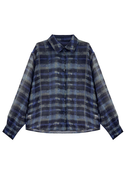 Modern Blue Oversized Plaid Chiffon Two Piece Set Outfits Summer