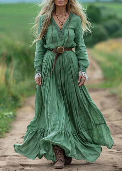 Boho Green V Neck Wrinkled Patchwork Cotton Dresses Spring