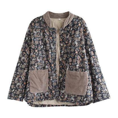 Stand Collar Floral Jacket Coat With Pockets