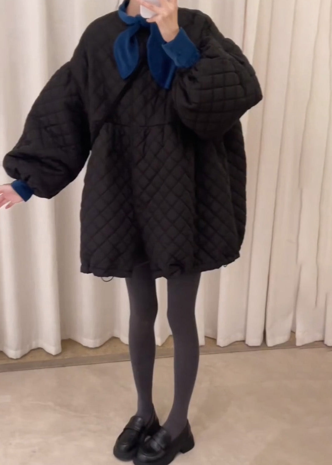 Cute Black Oversized Plaid Fine Cotton Filled Dresses Lantern Sleeve