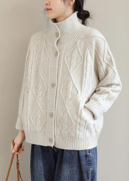 Cozy Beige Sweaters Stand Collar Pockets Trendy Plus Size  Knit Sweat Tops