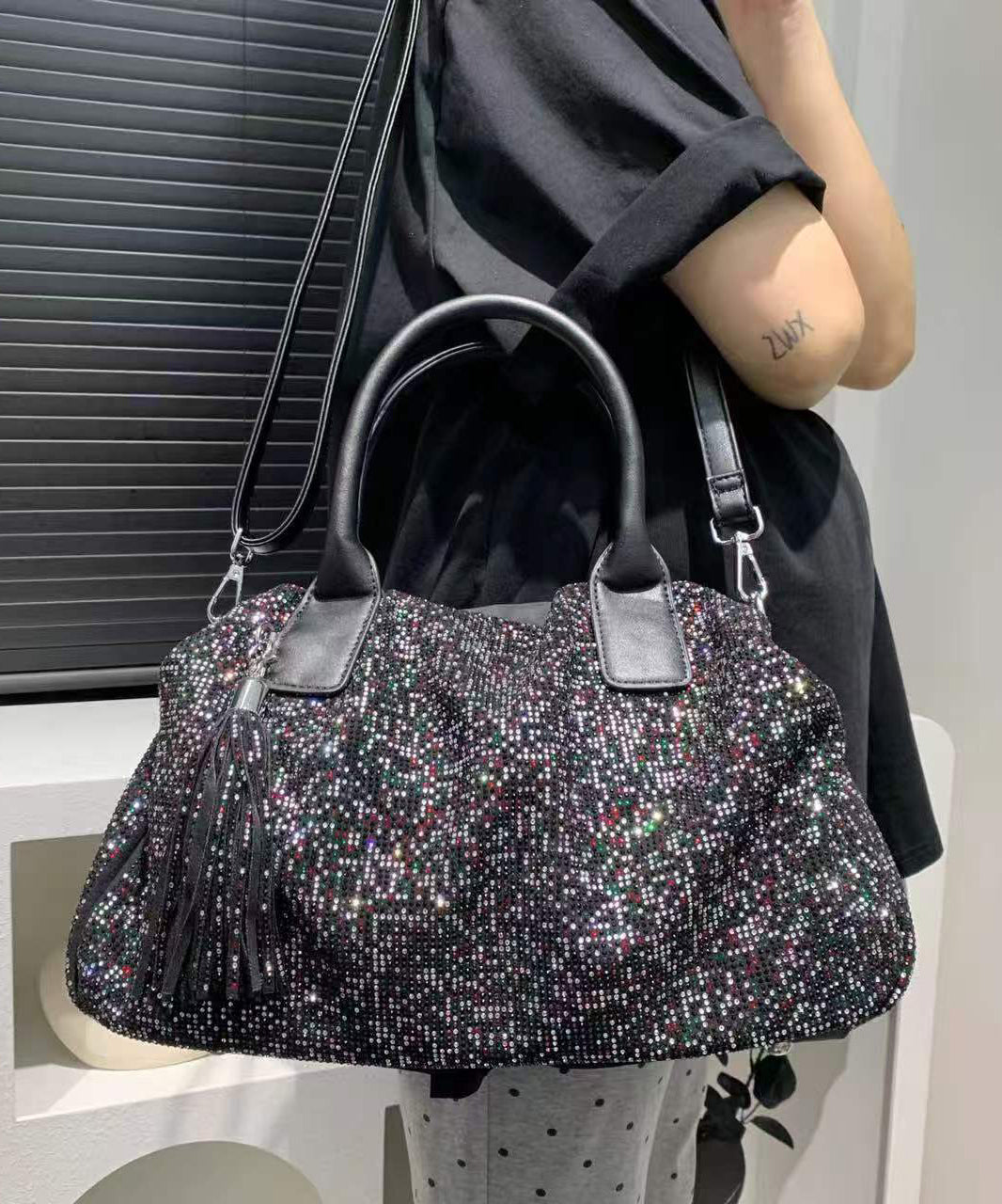 Beautiful Rhinestone Large Capacity Nylon Tote Handbag