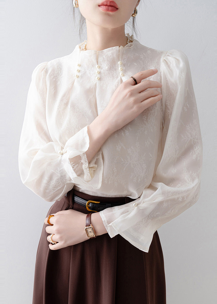 Fitted White Jacquard Nail Bead Chiffon Top Winter