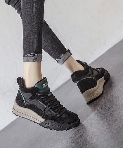 Khaki Platform Suede 2025 Lace Up Splicing Flats Fuzzy Wool Lined