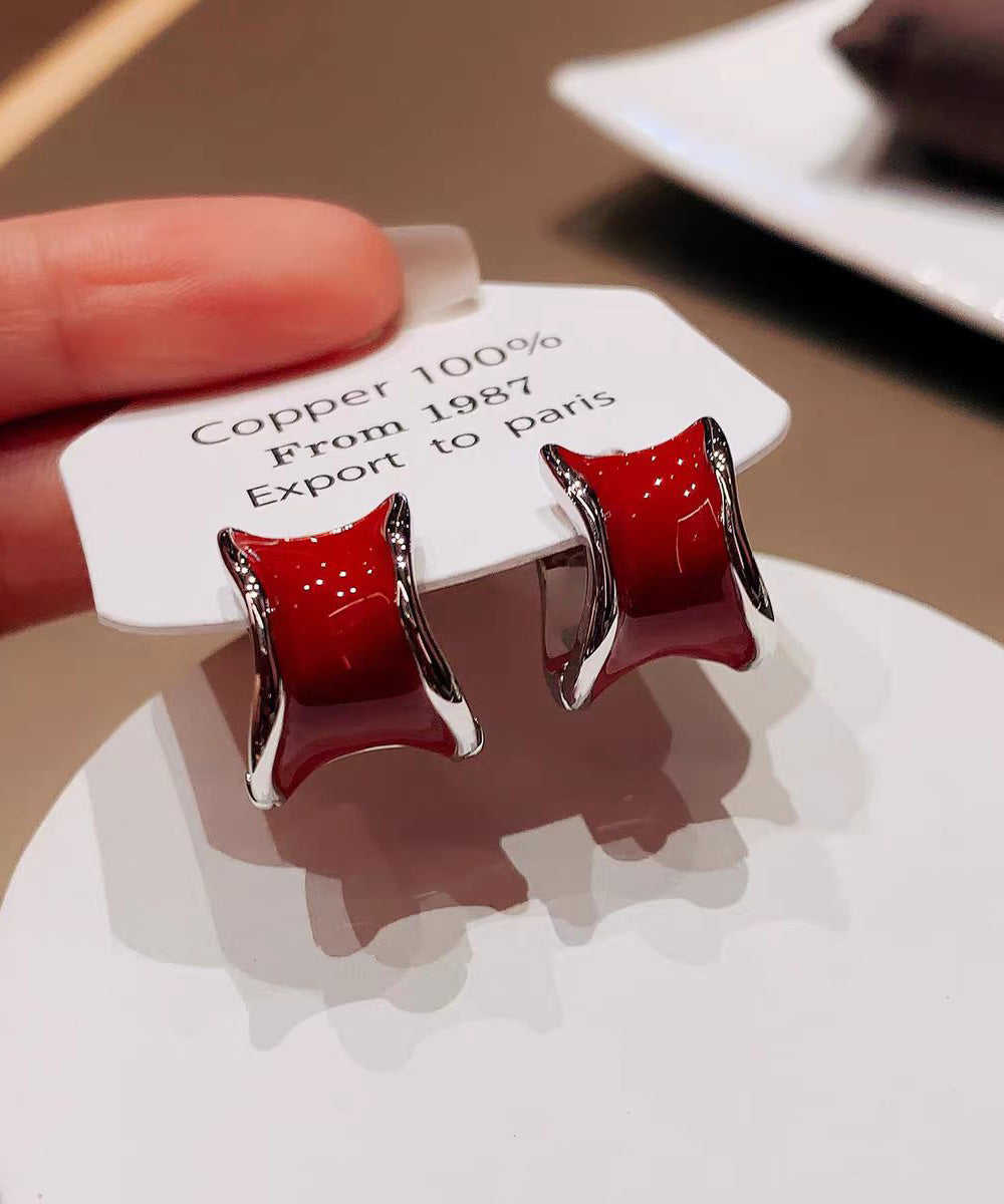 Light Luxury Irregular Wine Red Copper Hoop Earrings