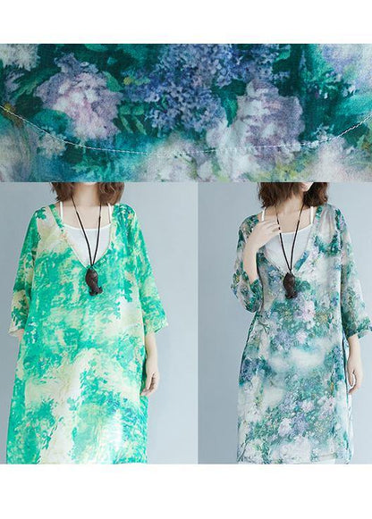 Organic Green Print Shirts V Neck Pockets  Blouses