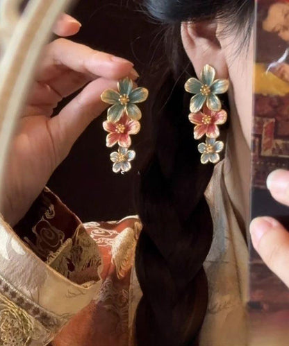 Vintage Rainbow Metal Alloy Drip Glaze Floral Drop Earrings