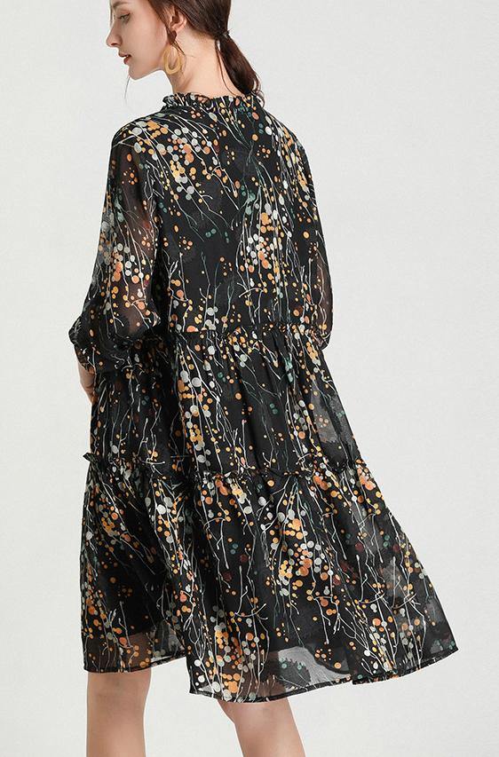 Beautiful Black Yellow Print Bow Party Summer Chiffon Dress