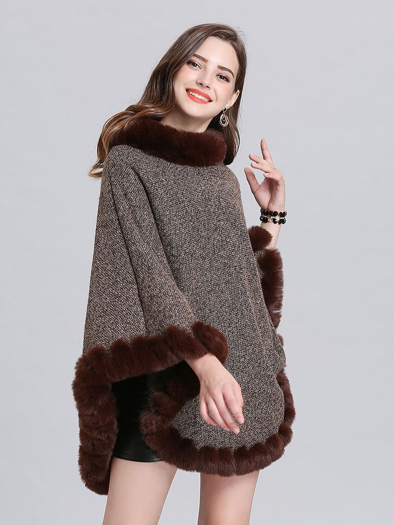 Women Woolen Poncho Faux Fur Shawl Collar Oversized Winter Coat