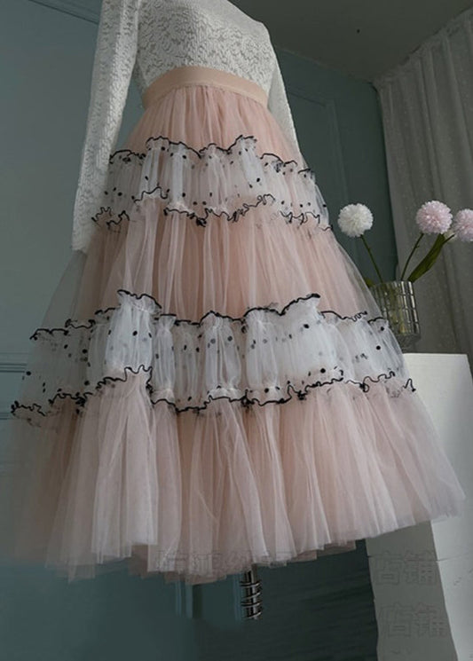 Art Pink Ruffled Elastic Waist Patchwork Tulle Skirts Summer