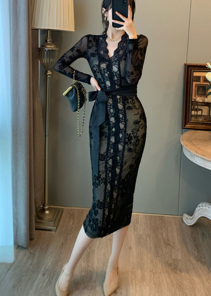 Vintage Black Tunic Lace Wraped Dress Summer