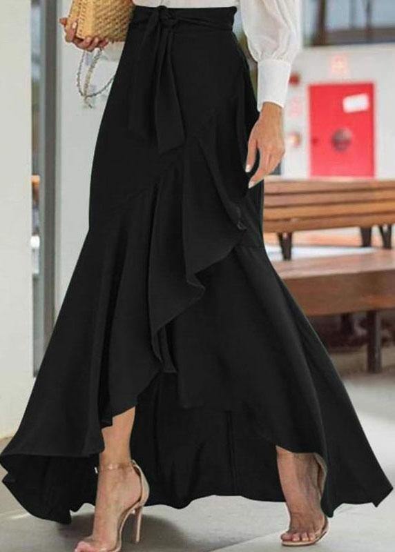 Solid Red Color High Waist Ruffle High Low Hem Swing Maxi Skirts For Women