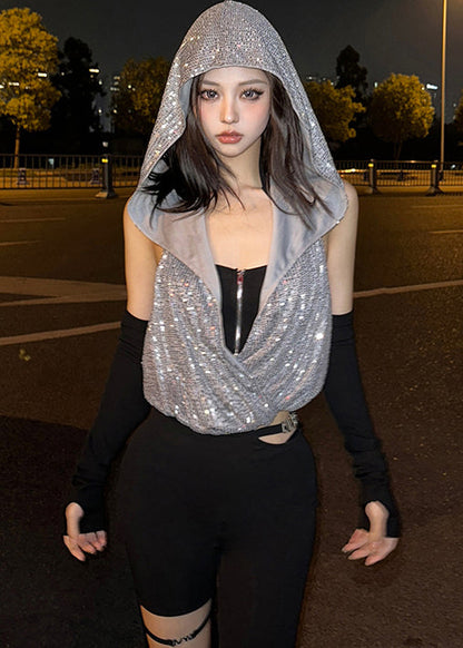 Cool Sequin Hooded Zipper Neck Hanging T-Shirt Two-Piece Set