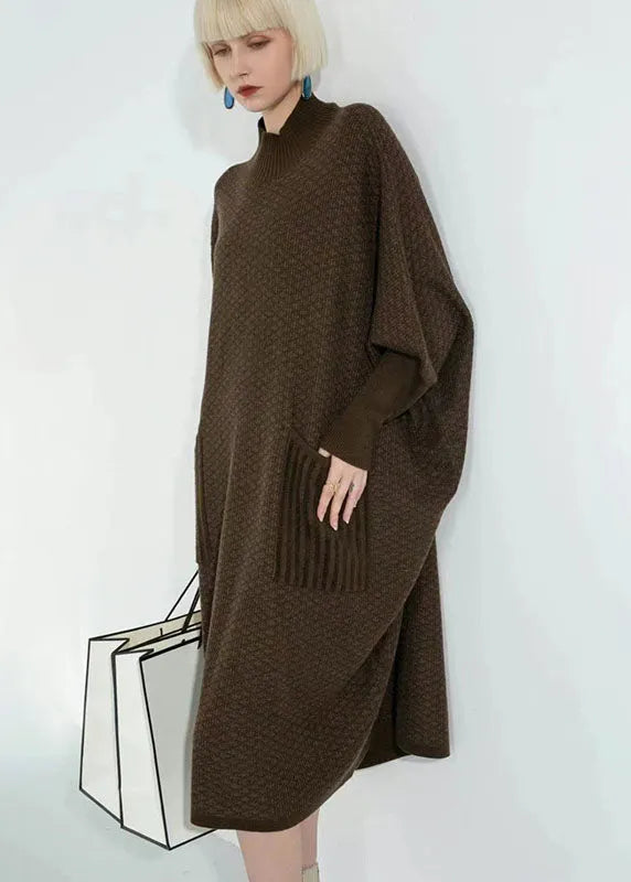 Elegant Coffee Turtle Neck Patchwork Pockets Wool Sweater Dress Long Sleeve