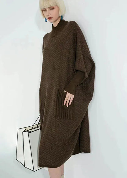 Elegant Coffee Turtle Neck Patchwork Pockets Wool Sweater Dress Long Sleeve