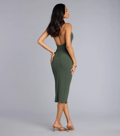 Chic Cutie Ribbed Knit Halter Midi Dress