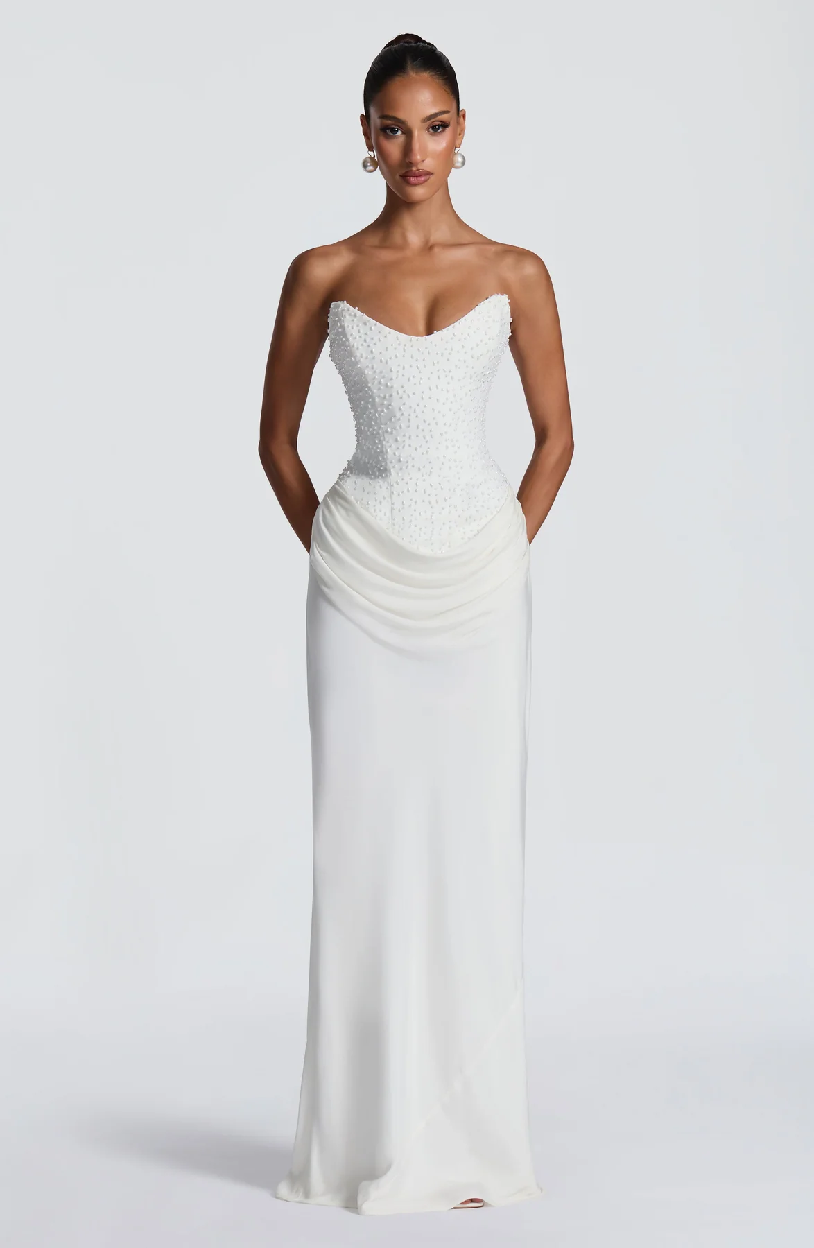 White Beaded Strapless Corset Lace-Up Ruched Maxi Dress | Luxury Elegant Wedding Evening Gown