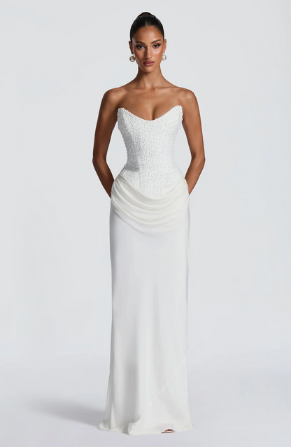 White Beaded Strapless Corset Lace-Up Ruched Maxi Dress | Luxury Elegant Wedding Evening Gown